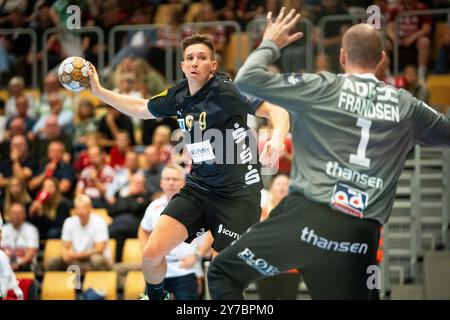 Odense, Danimarca. 26 settembre 2024. Jerry Tollbring (9) di Füchse Berlino visto durante la partita di EHF Champions League tra Fredericia Handball Klub e Füchse Berlin alla Jyske Bank Arena di Odense. Foto Stock