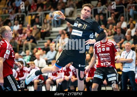 Odense, Danimarca. 26 settembre 2024. Lasse Andersson (11) di Füchse Berlino visto durante la partita di Champions League tra Fredericia Handball Klub e Füchse Berlin alla Jyske Bank Arena di Odense. Foto Stock