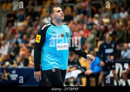 Odense, Danimarca. 26 settembre 2024. Dejan Milosavljev (96) di Füchse Berlin visto durante la partita di Champions League tra Fredericia Handball Klub e Füchse Berlin alla Jyske Bank Arena di Odense. Foto Stock