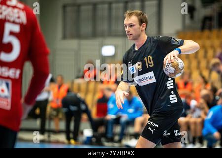 Odense, Danimarca. 26 settembre 2024. Mathias Gidsel (19) di Füchse Berlino visto durante la partita di Champions League tra Fredericia Handball Klub e Füchse Berlin alla Jyske Bank Arena di Odense. Foto Stock