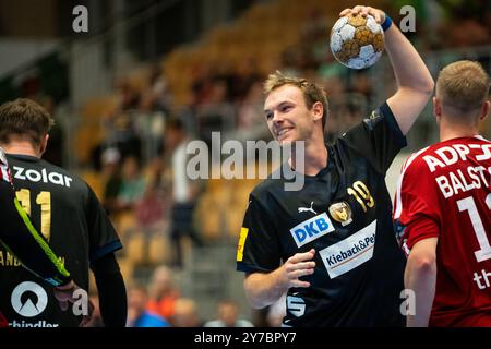 Odense, Danimarca. 26 settembre 2024. Mathias Gidsel (19) di Füchse Berlino visto durante la partita di Champions League tra Fredericia Handball Klub e Füchse Berlin alla Jyske Bank Arena di Odense. Foto Stock