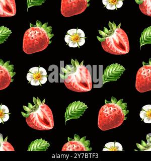 Motivo senza cuciture alla fragola, illustrazione disegnata a mano ad acquerello , isolata su sfondo scuro Foto Stock