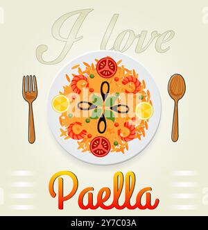 Io amo la paella, la paella spagnola Illustrazione Vettoriale