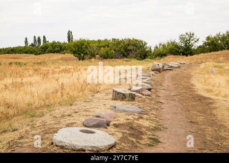 Kirghizistan, storica statua scultorea in pietra vicino alla Burana Tower nella valle di Chuy Foto Stock