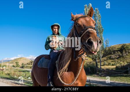 Kirghizistan, Chon-Kemin, cavaliere Foto Stock