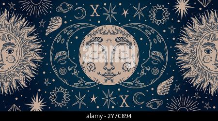Sole e luna celesti. Carta Tarocchi vintage, stella zodiaca mistica e motivo con amuleto astrologico esoterico. Banner creativo astratto per oroscopo mistico. Stile boemo. Sfondo decorativo vettoriale Illustrazione Vettoriale