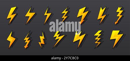 Fulmine. Thunder bolt flash, Storm o luce thunderbolt elettrica. Colpo immediato, temporale o ricarica elettrica. Le icone gialle raccolgono forme diverse. Simbolo della tensione elettrica. Logo vettoriale Illustrazione Vettoriale