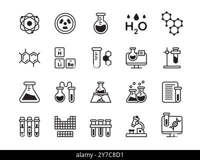 Icone di laboratorio. Ricerca di laboratorio in chimica o biologia. Test del DNA medico. Studio o sperimentazione tecnologica. Pittogramma atomo radioattivo. Becher chimici. Diagnostica scientifica. Set di elementi della linea vettoriale Illustrazione Vettoriale