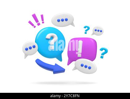 Domanda 3D. Punto interrogativo. Icona di rendering dubbio. Chiedete una risposta. Bolla di comunicazione o di comunicazione. Finestra di dialogo FAQ. Parlare di problemi. Soluzione di confusione. Simbolo esclamativo. Discussione di brainstorming. Concetto vettoriale Illustrazione Vettoriale