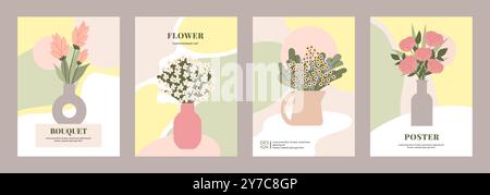 Poster di fiori. Bouquet in vaso, sfondo con forme organiche. Tessere estive primaverili con branca di piante. Eleganza wall art, design contemporaneo. Moderne stampe floreali da giardino. Illustrazione vettoriale Illustrazione Vettoriale