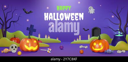 Sfondo della zucca. caramelle di halloween in 3d, feste felici e divertenti con graziose lanterne di ottobre. Un fantasma divertente, con calderone e pozione. Banner Web orizzontale festivo. Illustrazione vettoriale Illustrazione Vettoriale