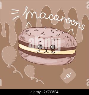 Poster di macaron. Biscotti al cioccolato. Personaggio del cibo dei cartoni animati. Faccia sorridente. Torta felice. Dolce francese carino. Pasticceria Kawaii. Amo la pasticceria. Caramelle di cacao. Sciroppo gocciolante. Design della scheda figlio vettoriale Illustrazione Vettoriale