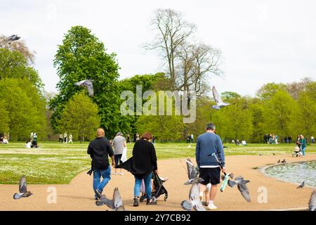 Londra, Inghilterra, aprile 30 2023: Kensington Gardens sul lago con gente che cammina e alcuni piccioni che volano sulla scena Foto Stock