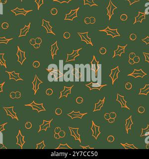 Motivo Holly senza cuciture con foglie e frutti di bosco. Disegnato a mano con contorni per regalo di Natale, biglietto d'auguri, design invito. Illustrazione vettoriale Illustrazione Vettoriale