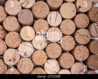 Fondo dei tappi usati per bottiglie di vino. Primo piano, foto macro. Foto Stock