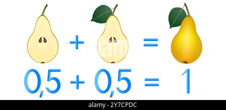 Relazione d'azione delle metà di aggiunta, esempi con le pere. Gioco educativo per bambini. Illustrazione Vettoriale