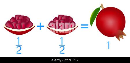 Relazione d'azione delle metà di addizione, esempi con granato. Gioco educativo per bambini. Illustrazione Vettoriale