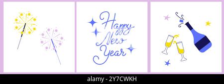 Biglietti per il buon anno in stile piatto. Champagne, lettere e scintillanti. Illustrazioni vettoriali piatte. Illustrazione Vettoriale