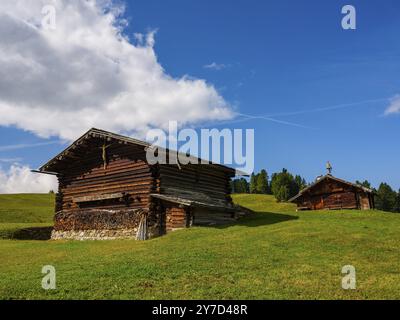 Malghe su prati verdi, nuvole primaverili, Alpe di Siusi, Dolomiti, alto Adige, Italia, Europa Foto Stock