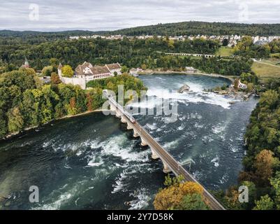 Vista aerea delle cascate del Reno con viadotto ferroviario e castello di Laufen in autunno, Neuhausen, Canton Sciaffusa, Svizzera, Europa Foto Stock