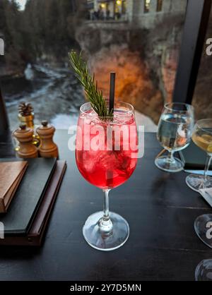 Gin e Cranberry cocktail con un pizzico di rosmarino e una paglia nera con ghiaccio che si affaccia su una gola del fiume sullo sfondo Foto Stock