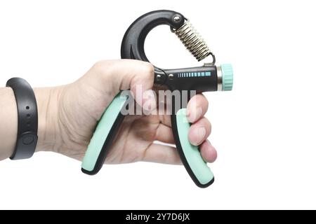 Stringere e afferrare la mano, forza di forza, fitness, concetto di stile di vita sano su sfondo bianco, messa a fuoco selettiva in primo piano Foto Stock