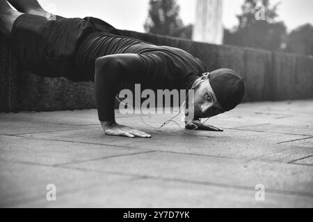 Il giovane sportivo con barba si allena in un parco, facendo una serie di push up all'aperto Foto Stock