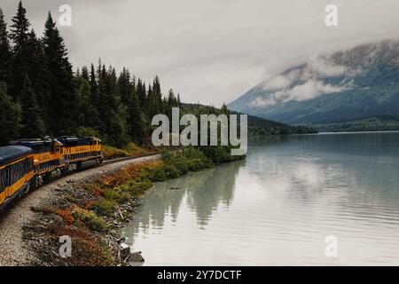 Alaska Railroad diretta a Denali. Treno Alaska Railroad da Talkeetna a Denali in un paesaggio autunnale Foto Stock