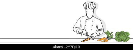 Chef che taglia verdure in cucina. Disegno continuo su una linea. Illustrazione Vettoriale