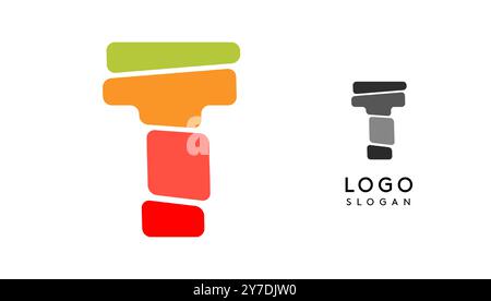 Lettera T colorata e luminosa, blocchi a strati come sandwich, bilanciamento della pietra o impilamento di rocce. Moderno monogramma a cartoni animati per libro gioioso per bambini, logo dei giocattoli a blocchi Illustrazione Vettoriale