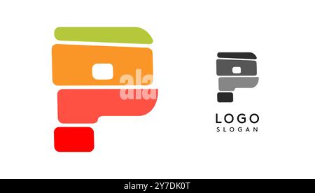 Lettera P colorata e luminosa, blocchi a strati come sandwich, bilanciamento della pietra o impilamento di rocce. Moderno monogramma a cartoni animati per libro gioioso per bambini, logo dei giocattoli a blocchi Illustrazione Vettoriale