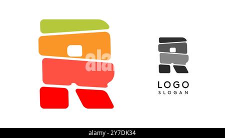 Letter R colorato e luminoso, crea blocchi a strati come sandwich, bilanciamento della pietra o impilamento di rocce. Moderno monogramma a cartoni animati per libro gioioso per bambini, logo dei giocattoli a blocchi Illustrazione Vettoriale