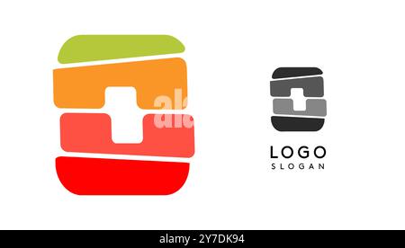 Lettera o colorata e luminosa, blocchi a strati come sandwich, bilanciamento della pietra o impilamento di rocce. Moderno monogramma a cartoni animati per libro gioioso per bambini, logo dei giocattoli a blocchi Illustrazione Vettoriale