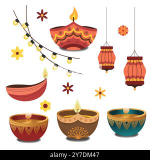 Collezione di elementi festival Diwali con lampada diya, candele, lanterne e fiori. Illustrazione Vettoriale