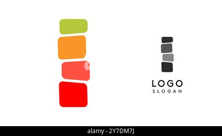 Lettera i colorata e luminosa, strati di blocchi come sandwich, bilanciamento della pietra o impilamento di rocce. Moderno monogramma a cartoni animati per libro gioioso per bambini, logo dei giocattoli a blocchi Illustrazione Vettoriale