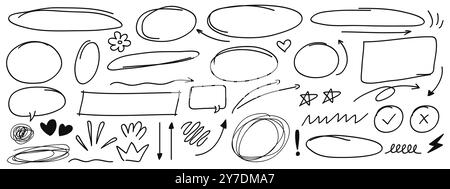 Set di vettori dell'elemento doodle della linea della penna. Collezione disegnata a mano di frecce, cerchio, chiacchierate di bolle e collezioni ondulate. Illustrazione Vettoriale