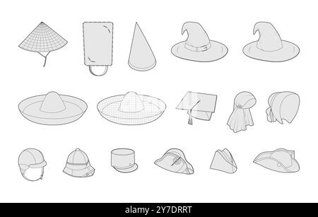 Set di cappelli diversi - Coolie Mortarboard Sombrero Wizard, Bicorne Bonnet Bearskin, Kepi Pith Riding Helmet. Illustrazione tecnica dei cappucci per accessori Head Fashion. Vector for Men, Women style, Flat CAD Illustrazione Vettoriale