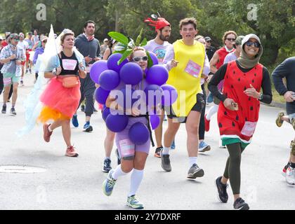 San Francisco, CA - 19 maggio 2024: I partecipanti all'annuale gara Bay to Breakers si svolgono attraverso il Golden Gate Park. Bay to Breakers è rinomata per i suoi numerosi parchi Foto Stock