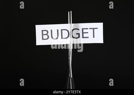 Tagliare la carta con il budget delle parole con le forbici su sfondo nero, primo piano Foto Stock