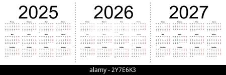 Griglia calendario per 2025, 2026 e 2027 anni. Semplice modello orizzontale in lingua russa. La settimana inizia da lunedì. Illustrazione vettoriale isolata attivata Illustrazione Vettoriale