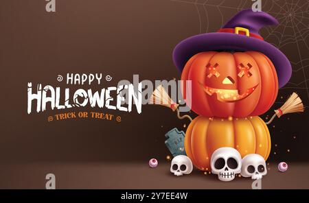 Buon design vettoriale di testo di halloween. Biglietto d'auguri di Halloween con simpatiche zucche in piedi, scopa, teschi, bulbo oculare ed elementi in pietra tombale al buio Illustrazione Vettoriale