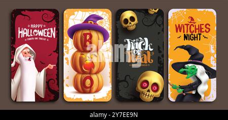 Design del poster vettoriale della carta d'invito di Halloween. Biglietto d'auguri per Halloween con mago spaventoso, strega inquietante, zucche e teschio Illustrazione Vettoriale