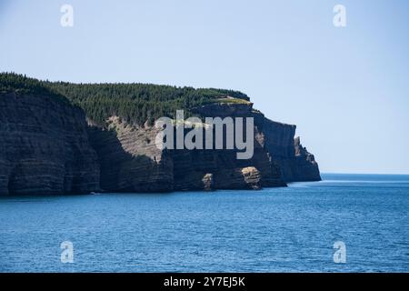 Un paio di stivali di gomma formazione rocciosa sulle scogliere presso il terminal dei traghetti di Wabana, Bell Island, Terranova e Labrador, Canada Foto Stock