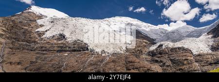 Il monte Togolung alto 6773 m, a sinistra, e il monte Nojin Kangsang alto 7206 m e il ghiacciaio, a destra, sono visibili verso il passo Karo-la nell'Himalaya Lhagoi K Foto Stock