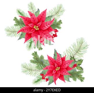 Mazzi di Natale con fiore di punta, rami agrifoglio, bacche, pino, abete. Illustrazioni di acquerelli e pennarelli. Disegni isolati disegnati a mano Foto Stock