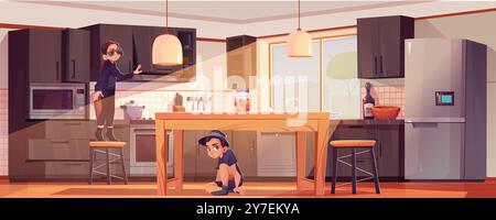 Bambini in cerca di dolci in cucina. Illustrazione vettoriale di adolescenti e ragazzi in tute da spia nera che cercano cassetto, seduti sul pavimento sotto il tavolo, birichini fratelli che giocano insieme Illustrazione Vettoriale