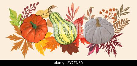 Banner autunnale con zucche e foglie autunnali. Illustrazione Vettoriale