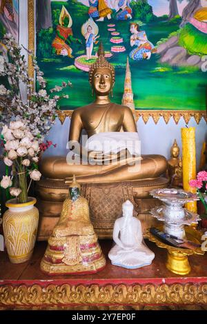 Vista di un tipico altare di preghiera del Buddha con varie reliquie e totem. A Wat That Luang Tai a Vientiane, Laos. Foto Stock