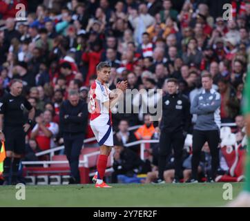 Londra, Regno Unito. 28 settembre 2024. Leandro Trossard (A) alla partita Arsenal vs Leicester City EPL, all'Emirates Stadium di Londra, Regno Unito il 28 settembre 2024. Crediti: Paul Marriott/Alamy Live News Foto Stock