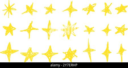 Set di stelle da disegno in gesso d'oro. Collezione di doodle lucide o scintillanti. La matita di cera gialla in stile bambini disegna a mano elementi del cielo notturno. Pastello Illustrazione Vettoriale